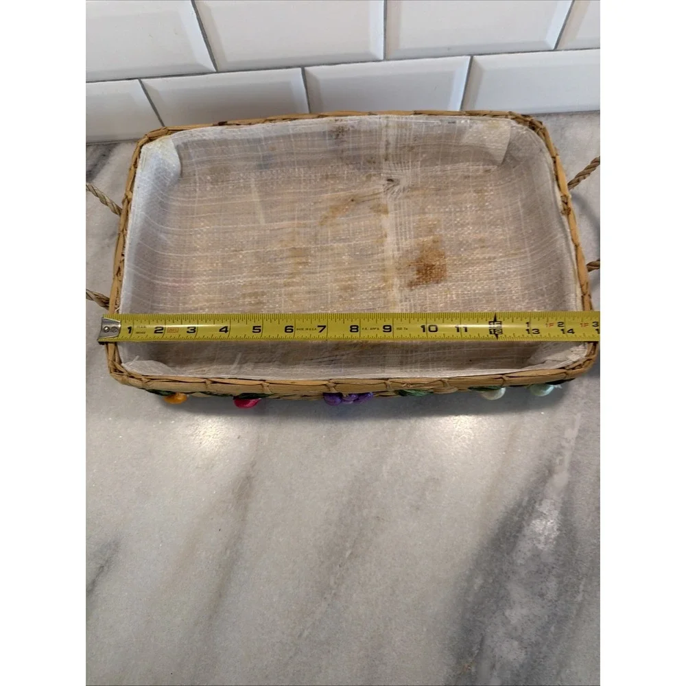 Vintage Fruit Wicker Basket Hand Woven Carrier Straw Raffia Lined Casserole 3-D